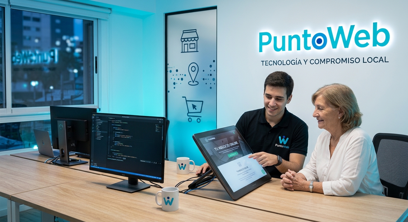 Asesor de PuntoWeb mostrando la página web en una pantalla a una clienta en la oficina