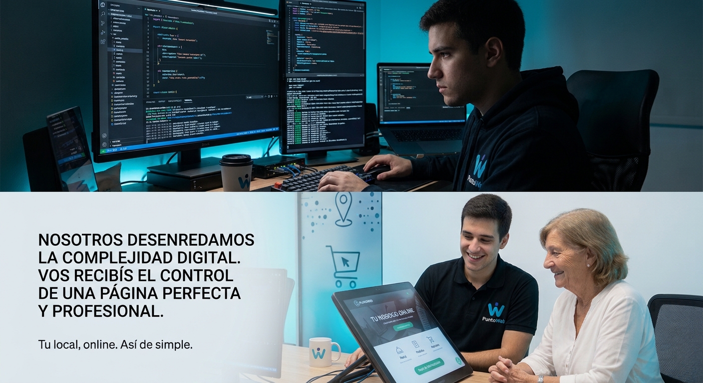 Programador de PuntoWeb trabajando y luego mostrando la nueva página web a una clienta